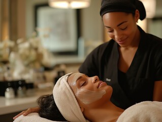 A woman receiving a facial treatment from an esthetician in a spa setting