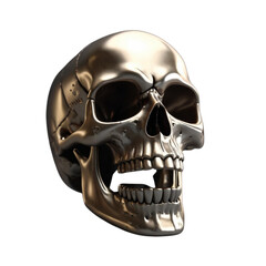 3d silver steel human skull isolated on white on Isolated transparent background png. generated with AI