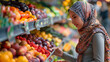 A Muslim woman wearing a headscarf shopping in a supermarket chooses fruits and berries