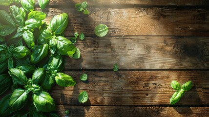 Fresh green basil leaves on rustic wooden background with natural shadows