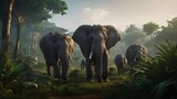 Fototapeta  - Manny elephants in the jungle. Ai ganerated image