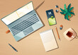 Top view of workspace with computer, stationery, coffee cup and plant on wooden table. cartoon flat lay of workplace with monitor, keyboard, mobile phone, note book and headphones on desk