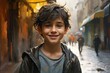 Confident Smiling boy posing on street. Cheerful little boy in casual urban outfit. Generate ai