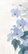 A long vertical poster, with three orchids on the right, adopts Japanese painting style, blue and light purple tones, delicate details of petals and green leaves