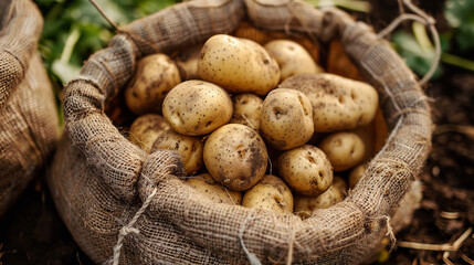 Wall Mural - Newly harvested potatoes standing in sack, close up