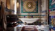 Image of a filled bathroom, baroque style, design, interior, ornament, tiles, toilet, candles, cozy atmosphere, mirror, patterns, gold, pomp, shower stall. Towel, window, gilding