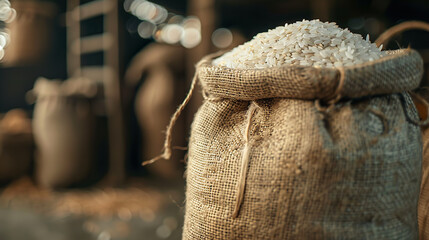 Wall Mural - Rice standing in sack, close-up shot