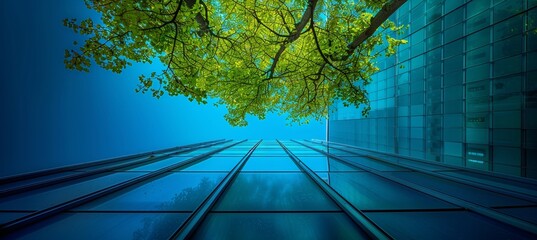 Wall Mural - Modern eco friendly glass office building with tree in sustainable urban environment