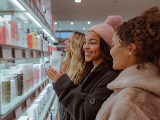 A group of friends shopping for makeup and skincare products at a beauty store