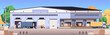 Big warehouse hangar with roller doors and platform. Cargo transportation flat vector illustration