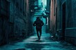 man in black is running down an alley in an alleyway
