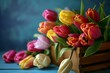 Bouquet of tulips in a wooden box on a blue background