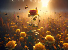A Field Of Yellow Roses And Butterflies In Morning Dawn