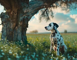 A Dalmatian puppy sits alone on a green colorful meadow with an old tree looking hopefully into the distance, waiting for sun rays to sparkle with opal.