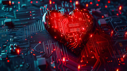 Wall Mural - Unique concept of technology and love, merging a digital circuit board with a heart symbol for a creative Valentines theme