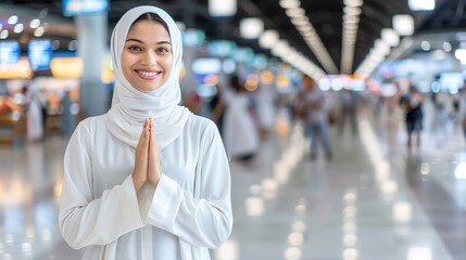 Wall Mural - Asian muslim woman smiling, giving eid mubarak greetings on blurred background with copy space