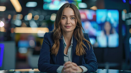 Talk Show Female Presenter in Suit At Her Table in Studio And Looking in to Camera. Mock-up Television Studio. Portrait Of Woman In A Television Studio