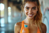 Fototapeta Tęcza - Woman with juice or isotonic sports drink