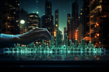 Wall Mural - Hand is pointing at city skyline on computer screen. City is lit up with neon lights, giving it futuristic and modern feel. Concept of progress and innovation