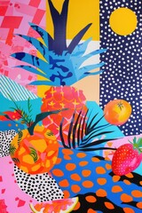 Poster - Abstract background with fruits in minimalistic flat hand drawn naive style. Simple tropical summer banner, trendy stylish fashion print, poster