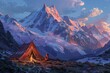Tent and campfire in snowy mountain terrain at sunset