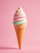 Colorful ice cream in waffle cone on pastel pink background