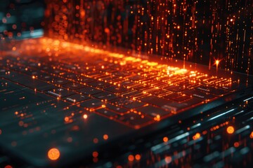 Wall Mural - Computer keyboard with glowing keys. Concept of technology and innovation, as well as futuristic or sci-fi vibe. Bright colors and glowing lights give impression of high-tech device