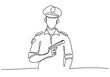 One continuous drawing line Uniformed Male policeman bring gun.