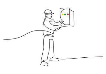 one line vector drawing of an electrical worker checking panel