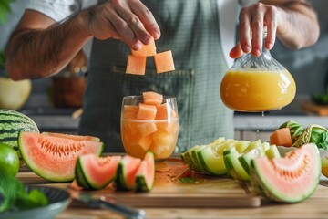Wall Mural - Man preparing refreshing melon drink, throwing cubes into a glass with fruit juice on a kitchen bench. Front view. Horizontal composition.