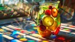 Vibrant fruit slices suspended in a sparkling pitcher of lemonade, casting colorful reflections on a sunlit tabletop