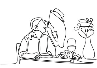 Wall Mural - Continuous one line drawing of couple dinner with table food and wine