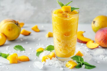 Wall Mural - Mango slush drink in tall glass with fruit and crushed ice around it on white table with isolated background. Front view. Horizontal composition.