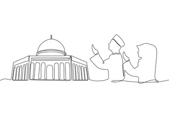 Continuous line, one-line, man woman muslim praying and mosque