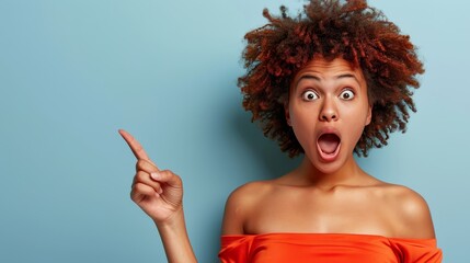 Wall Mural - Enthusiastic young woman gesturing on soft pastel background with ample space for text placement