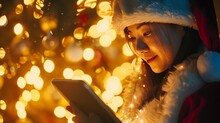 Christmas, Technology, Present And People Concept - Smiling Woman In Santa Helper Hat With Tablet Pc Computer Showing Blank Screen Over Yellow Lights Background