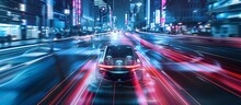Smart Car , Autonomous Self-driving Mode Vehicle On Metro City Road Iot Concept With Graphic Sensor Radar Signal System