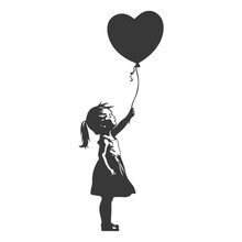 Silhouette Cute Baby Girl Holding Heart Shape Balloon Black Color Only