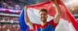 Happy Czech male supporter with Czech republic flag, Czech male fan at a sports event such as football or rugby match, blurry stadium background, copy space