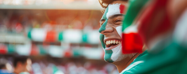 Wall Mural - Happy Italian male supporter with face painted in italy flag displaying the national colours of Italy: green, white, and red, Italian male fan at a sports event such as football 