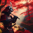 Japanese Samurai playng flute in a red tree florest