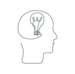 Wall Mural - silhouette human head with light bulb symbol. drawing in one continuous line. single line thinking c