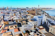 Aerial view of Cadiz with sea and cruise ship in the background