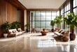 A contemporary house lobby with a focus on natural materials and textures, featuring wood-paneled walls, stone tile floors, and rattan furniture. 