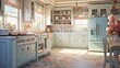 Generative AI Detailed rendering showcasing a cozy cottage-style kitchen with floral patterns, pastel hues, and vintage decor