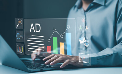 Wall Mural - digital marketing strategy analysis concept. businessman analyzing digital advertising data and seo 