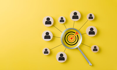 CRM, Customer relationship management concept. Graphic illustration of customer profiles connected to a target represents customer relationship management and targeted marketing strategies. Business,