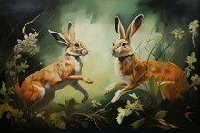 Spring Hares Battle. Animal Nature Grass. Generate Ai