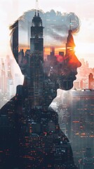 Fototapete - A man's silhouette is shown in front of a city skyline. The city is lit up at night, creating a moody and mysterious atmosphere. The image is a creative representation of the cityscape