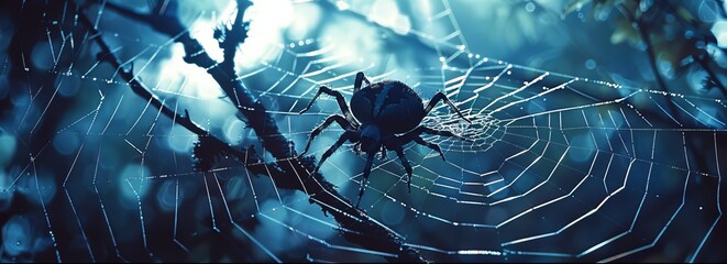 A spider is sitting on a web in the dark